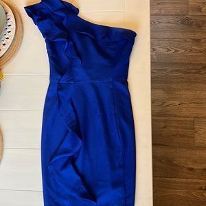 Blue one shoulder ruffle dress!